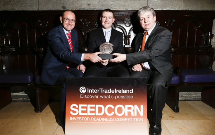 *** NO REPRODUCTION FEE*** Dublin 10/11/15. Pictured (l-r): Conor Sweeney of Intertrade Ireland presents the Best Early Stage Seedcorn Regional Award to Dr Kenneth Fahy and Tom McEnroe of SiriusXT.