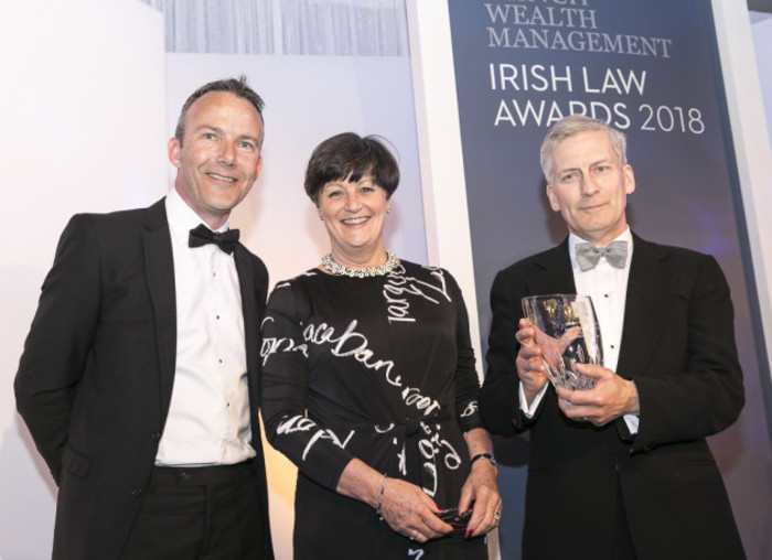 Susan Bourke of LegalRSS.ie and Michael Monahan (right) receiving Law Award from Peter Maloney (left) of Colliers Property Management