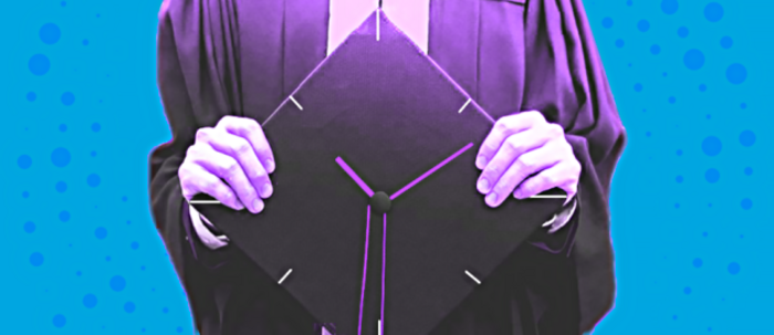 Academic Uncertainty Design which is an academic in a gown holding a graduation-style cap with a clock on it.