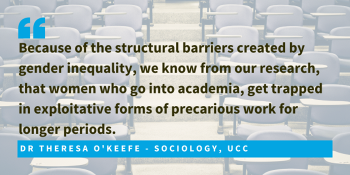 Dr Theresa OKeeffe, Sociology, UCC, said because of the structural barriers created by gender inequality, we know from our research, that women who go into academia, get trapped in exploitative forms of precarious work for longer periods.