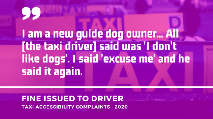 Background - TAXI signs on tops of cars in Dublin. Foreground - Quote from a taxi accessibility complaint from 2020 which resulted in a fine being issued to the driver - I am a new guide dog owner... All the taxi driver said was I don't like dogs. I said excuse me and he said it again.