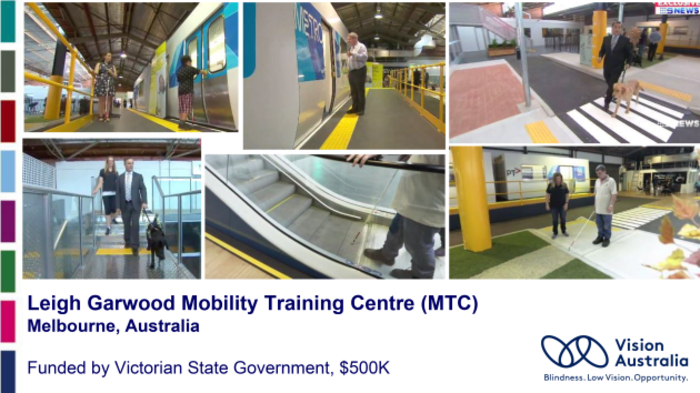 Slide from the NCBI presentation to the NTA in 2018 showing photos from the Australian Centre. The images include people with canes and guide dogs being guided on the use of escalators, pedestrian crossings and trains. 