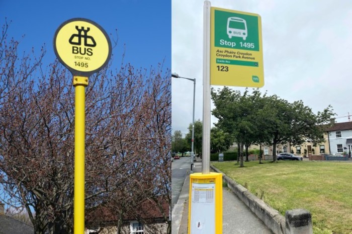 Before and after version of bus stop number 1495 in Dublin, with the older - since removed - bus stop on left having a fully yellow pole and yellow sign, and the bus stop on the right - currently in place - having a grey pole with yellow and green sign on top, and yellow central carousel. 