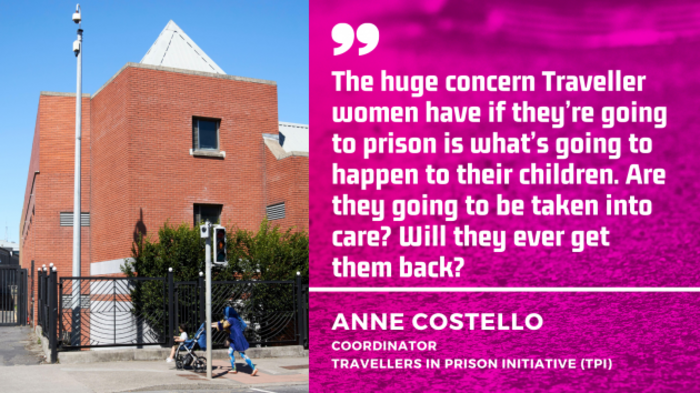 Photo of the D&oacute;chas Centre - a redbrick building with grey roof - with quote by Anne Costello, coordinator of Traveller in Prison Initiative: The huge concern Traveller women have if they&rsquo;re going to prison is what&rsquo;s going to happen to their children. Are they going to be taken into care? Will they ever get them back?