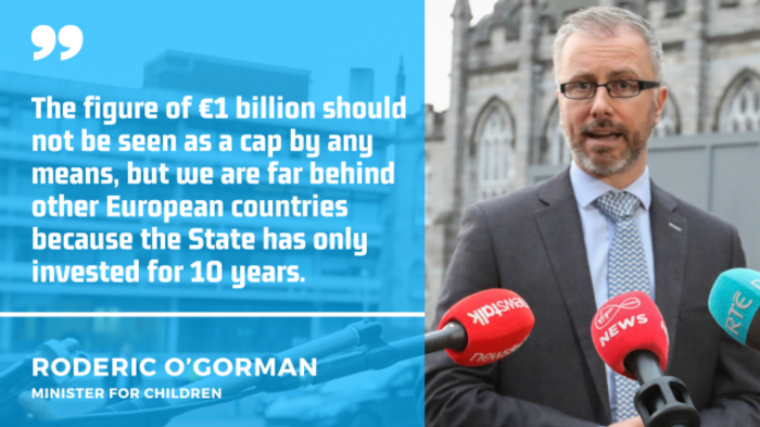 Minister Roderic O&rsquo;Gorman wearing a suit and tie, standing in front of press microphones, with the quote - The figure of &euro;1 billion should not be seen as a cap by any means, but we are far behind other European countries because the State has only invested for 10 years.