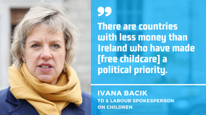 Ivana Bacik, TD &amp; Labour spokesperson on children - wearing a navy coat and yellow scarf - with quote - There are countries with less money than Ireland who have made free childcare a political priority.