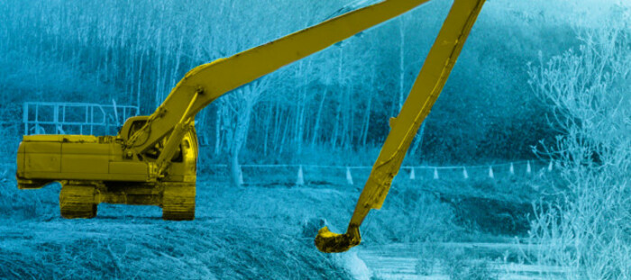 Design for BREAKING THE BANK investigation - Excavator working on a river bank with cones and tape cordoning off the area in the background. There are trees and bushes to the left of the excavator and a river to its right. 