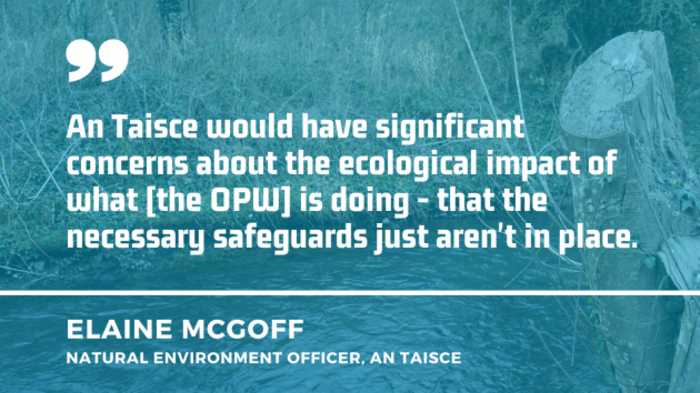 Cut tree trunk beside a river in the background with a quote by Elaine McGoff, natural environment officer with An Taisce - An Taisce would have significant concerns about the ecological impact of what the OPW is doing - that the necessary safeguards just aren't in place.
