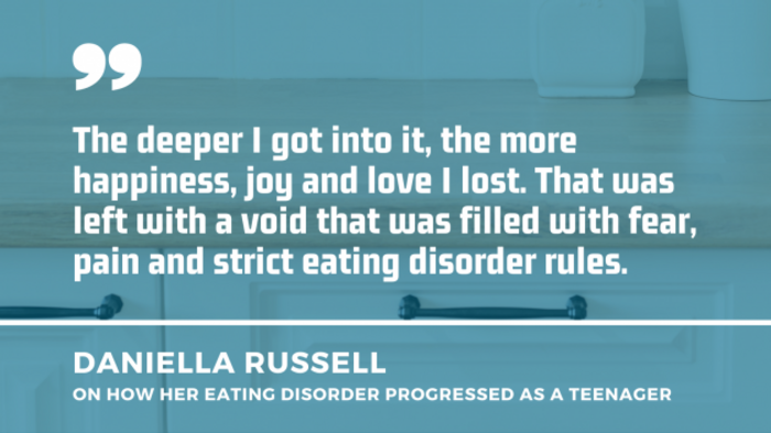 Workshop in kitchen with a quote by Daniella Russel on how her eating disorder progressed as a teenager: The deeper I got into it, the more happiness, joy and love I lost. That was left with a void that was filled with fear, pain and strict eating disorder rules.