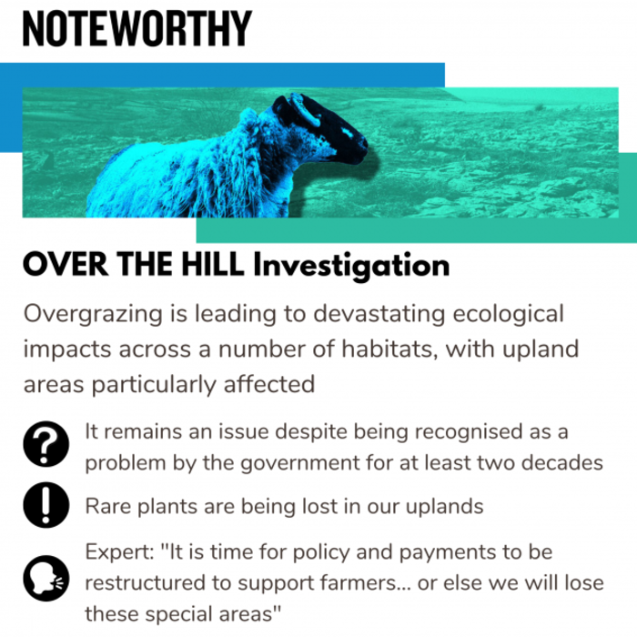 Noteworthy - Over the Hill investigation - Overgrazing is leading to devastating ecological impacts across a number of habitats, with upland areas particularly affected. It remains an issue despite being recognised as a problem by the government for at least two decades. Rare plants are being lost in our uplands. Expert: It is time for policy and payments to be restructured to support farmers... or else we will lose these special areas.
