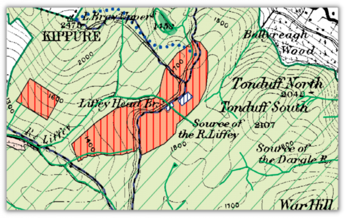 A map drawing of a section of the Wicklow Mountains with two areas marked in orange near the source of the River Liffey. 