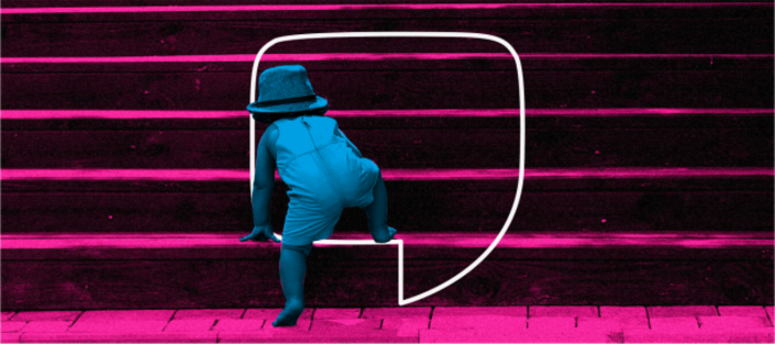 Design for DELAYED DELIVERY - Toddler wearing a summer outfit and hat attempting to climb a series of steps.