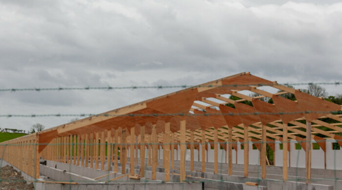 Wooden frame of a poultry shed being built on a farm