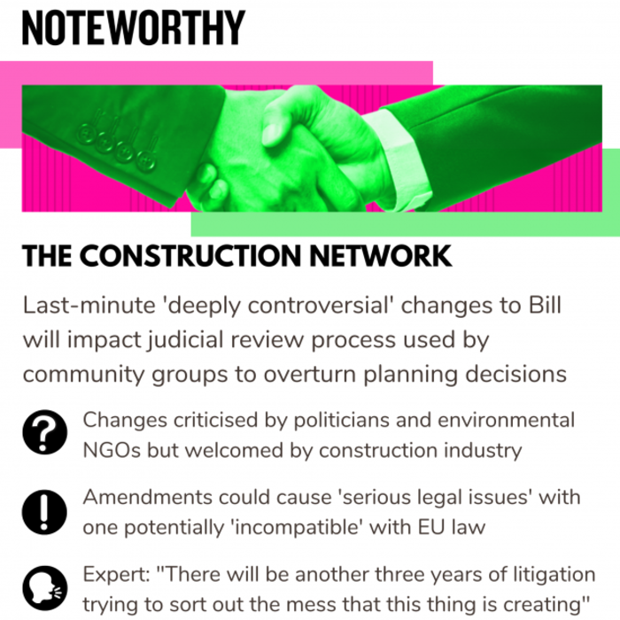 Noteworthy - The Construction Network Investigation - Last minute deeply controversial changes to Bill will impact judicial reviews process used by community groups to overturn planning decisions. Changes criticised by politicians and environmental NGOs but welcomed by construction industry. Amendments could cause serious legal issues with one potentially incompatible with EU law.  Expert - There will be another three years of litigation trying to sort out the mess that this thing is creating.