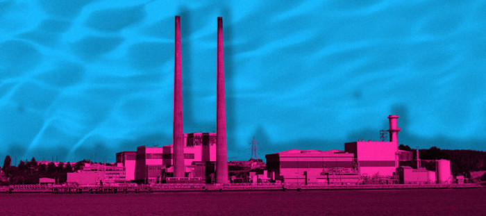 Design for WITH GREAT POWER investigation - Power station with two large chimneys and a number of buildings beneath and the estuary in front. 