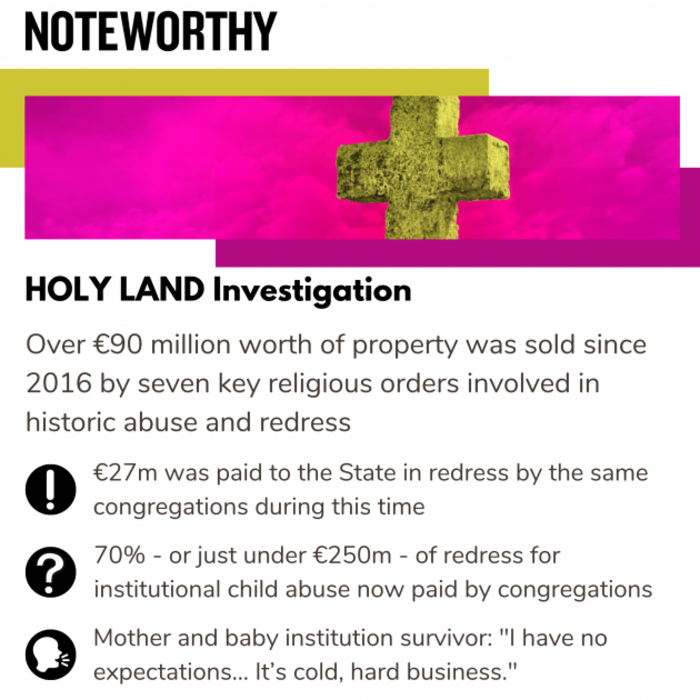 Noteworthy - HOLY LAND investigation - with image of stone cross and text. Over &euro;90 million worth of property was sold since 2016 by seven key religious orders involved in historic abuse and redress. &euro;27m was paid to the State in redress by the same congregations during this time. 70% - or just under &euro;250m - of redress for institutional child abuse now paid by congregations. Mother and baby institution survivor: I have no expectations... It&rsquo;s cold, hard business.