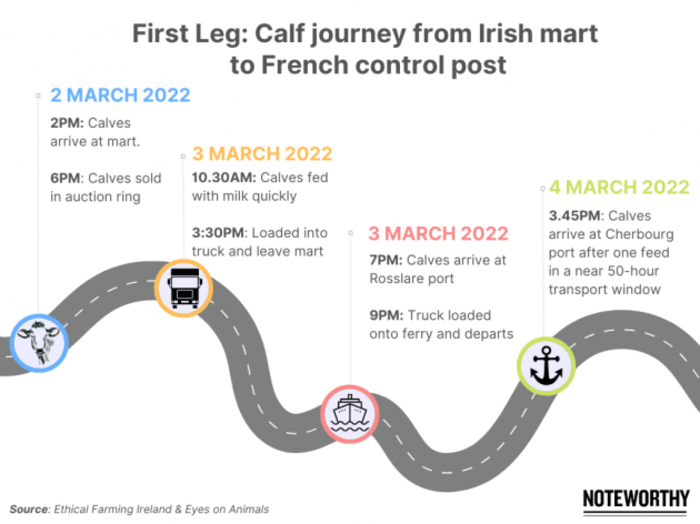 Infographic outlining a road journey of Irish calves from ireland to France