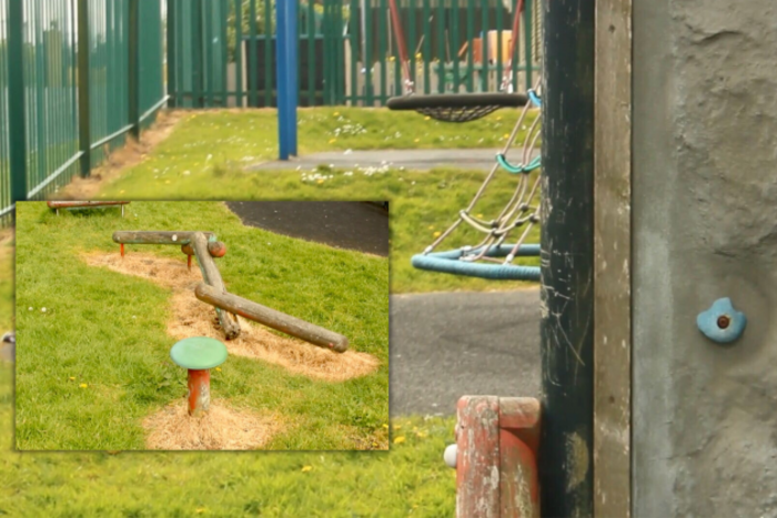 Playground with swings visible and sprayed grass along its fence. With photo insert of a mushroom seat and balance poles with yellow grass underneath from herbicide treatment.