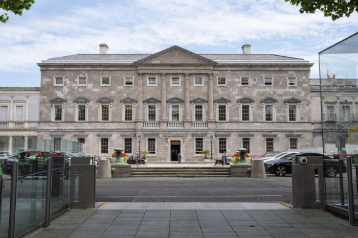 Leinster House - A large three-storey grey stone building with 11 white-framed windows on each floor and steps leading up to it.