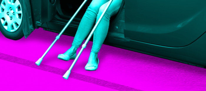 Design for PARKING PRESSURE - Person steps out of a car with crutches. 
