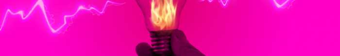 Design for LIGHTS OUT - A light bulb which is on fire being held in someone&rsquo;s hand with a jagged white line coming out of it symbolising electric current. 
