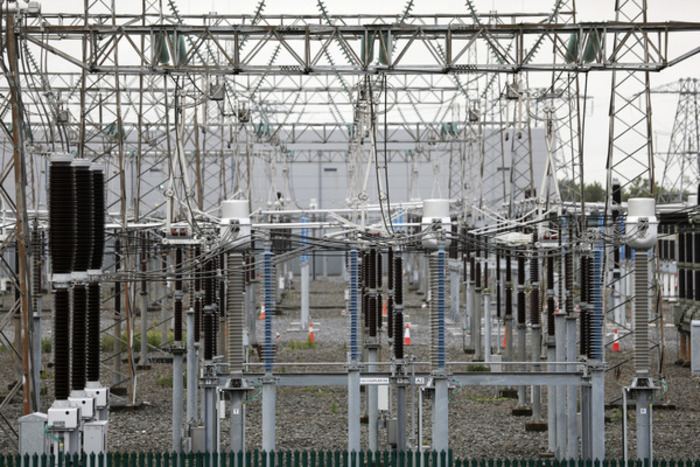 Metal pylons and wire connections outside of an electricity sub-station