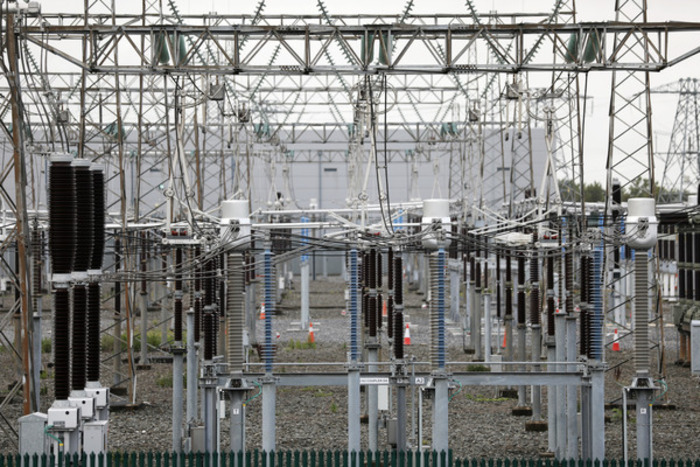 Metal pylons and wire connections outside of an electricity sub-station