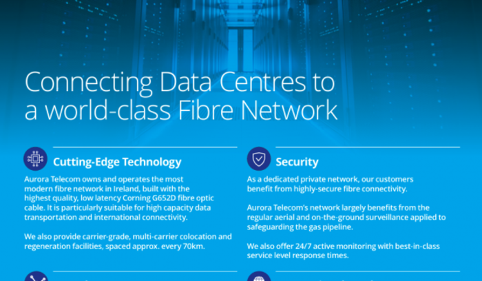  Image of an except from a Gas Networks Ireland brochure promoting the use of gas to power data centres. The text says: Connecting Data Centres to a world-class Fibre Network. There are also paragraphs of text under the subheadings Cutting-Edge Technology and Security.