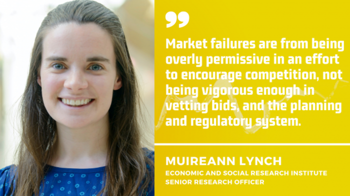 Energy researcher Muireann Lynch in a blue top with white dots with the quote Market failures are from being overly permissive in an effort to encourage competition, not being vigorous enough in vetting bids, and the planning and regulatory system.