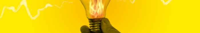 Design for LIGHTS OUT - A light bulb which is on fire being held in someone&rsquo;s hand with a jagged white line coming out of it symbolising electric current.