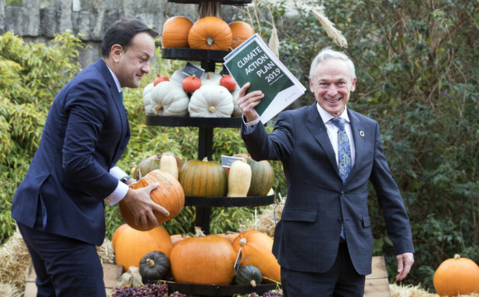 Leo Varadkar and Richard Bruton at the launch of the Climate Action Plan surrounded by pumpkins