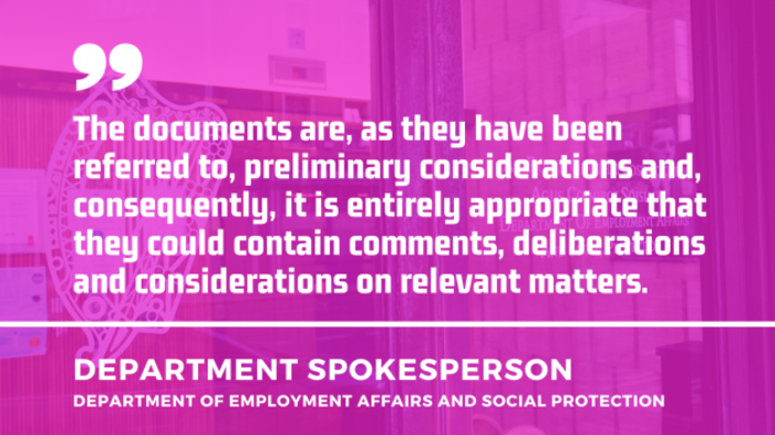 Quote by a spokesperson from the Department of Employment Affairs and Social Protection - The documents are, as they have been referred to, preliminary considerations and, consequently, it is entirely appropriate that they could contain comments, deliberations and considerations on relevant matters.
