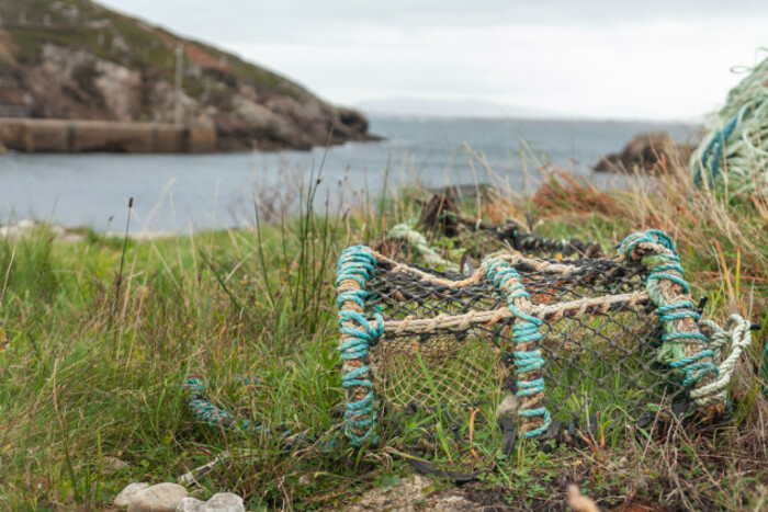 Fishing pot lying on grass beside a pier