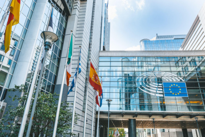 Buildings of the European Parliament in Brussels - tall and glass-fronted - with the Irish, EU and other flags displayed. 