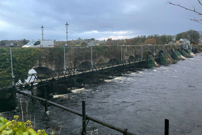 Old stone bridge over a wide river covered in climbing plants with traffic driving over it. In front is a metal structure with some nets hanging from it on one side. 