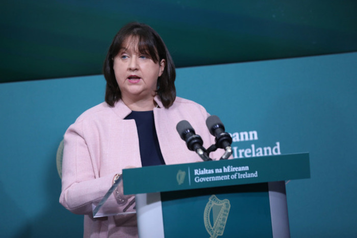 Minister Anne Rabbitte in a pink blazer and blue top standing at a podium speaking into two microphone at a State event