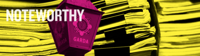 Design for WATCHING THE WATCHDOGS project featuring a pink Garda station light with a stack of papers in yellow in the background. The Noteworthy logo is on top.