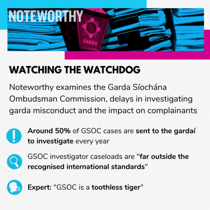 Project design of a Garda station light with a stack of papers in blue in the background. With Noteworthy logo. Text - WATCHING THE WATCHDOG: Noteworthy examines the Garda S&iacute;och&aacute;na Ombudsman Commission, delays in investigating garda misconduct and the impact on complainants. Around 50% of GSOC cases are sent to the garda&iacute; to investigate every year; GSOC investigator caseloads are far outside the recognised international standards; Expert: GSOC is a toothless tiger.