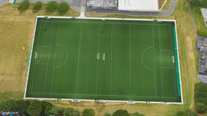 Aerial view of a large astroturf pitch used for gaelic games in Dublin