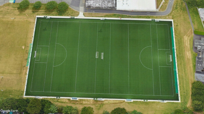 Aerial view of a large astroturf pitch used for gaelic games in Dublin