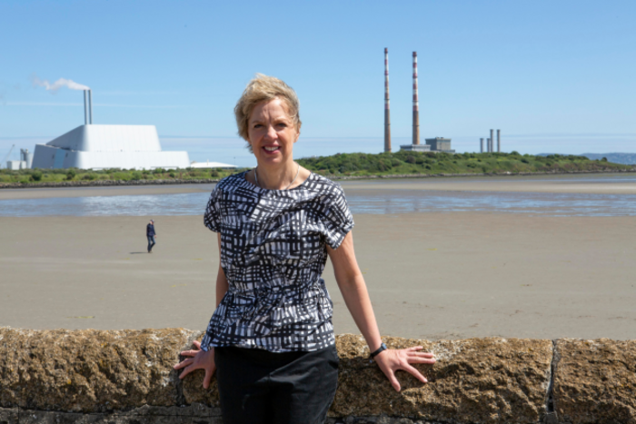 Bacik wearing a checked top leaning against a wall at Sandymount Strand. Ringsend is in the background, with the Poolbeg Incinerator and Poolbeg Power Station visible. 