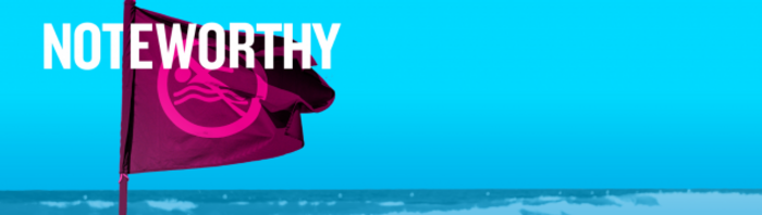 Noteworthy logo over the design for Red Flag project: A pink flag with a no swimming symbol, with the sea with waves and clear blue sky behind. 