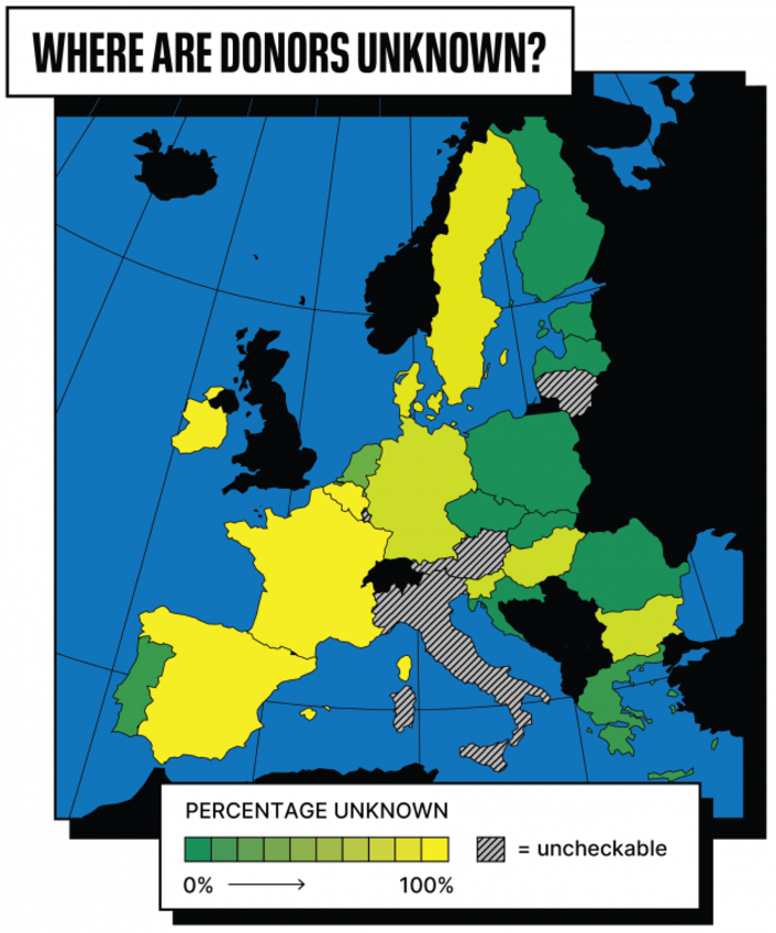 Map of Europe with title 'Where are the donors unknown?' showing that Ireland is among the countries with the highest amount of donors unknown.