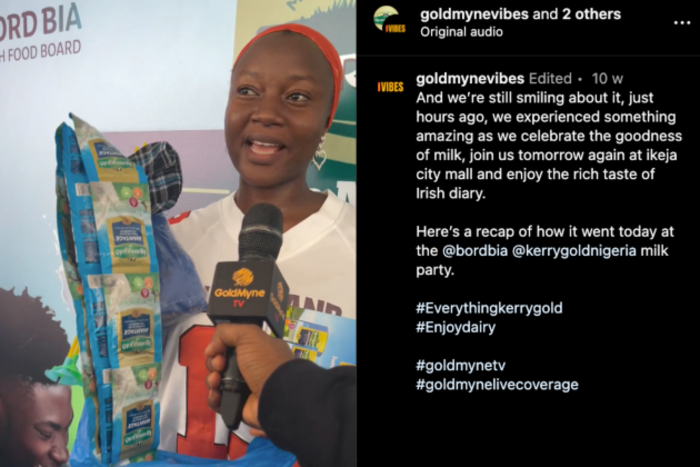 A woman holding packages of Kerrygold Avantage while being interviewed. The caption says - And we're still smiling about it, just hours ago, we experienced something amazing as we celebrate the goodness of milk, join us tomorrow again at Ikeja city mall and enjoy the rich taste of Irish dairy. Here's a recap of how it went today at @bordbia @kerrygoldnigeria milk party.